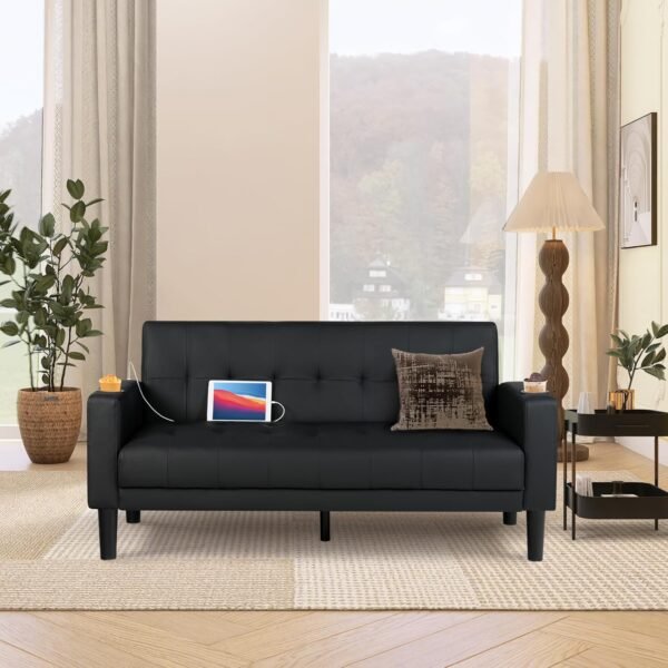 AILEEKISS 62" Loveseat Couches Upholstered Leather Love Seat Sofas Couch with 2 USB, Cup Holders, Side Pocket, Mid-Century Modern Tufted Sofa for Living Room,Office,Bedroom,Apartment (Black, 2-Seat) - Image 3
