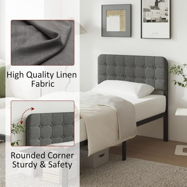 Twin Bed Frames with Upholstery Headboard, 14 Inch Twin Bed Frame No Box Spring Needed Support Up to 2500 lbs, Noise Free, Easy Assembely, Grey - Image 3