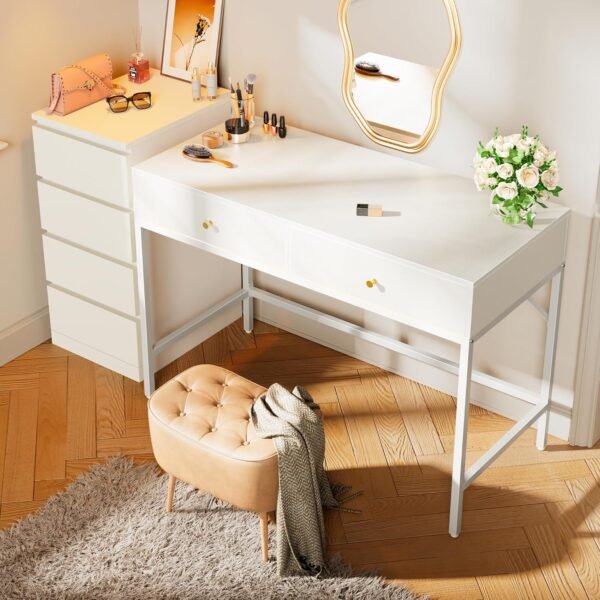 SUPERJARE Vanity Desk with Drawers, 47 inch Computer Desk, Modern Simple Home Office Desks, Makeup Dressing Table for Bedroom - White - Image 4
