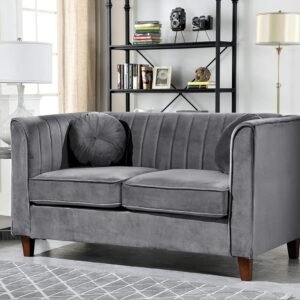 Arvilla Velvet Loveseat with Bolster Pillows, Soft Upholstery, Mid Century Modern Design, Chesterfield-Inspired Sofa Couch for Living Rooms, Fossil Grey