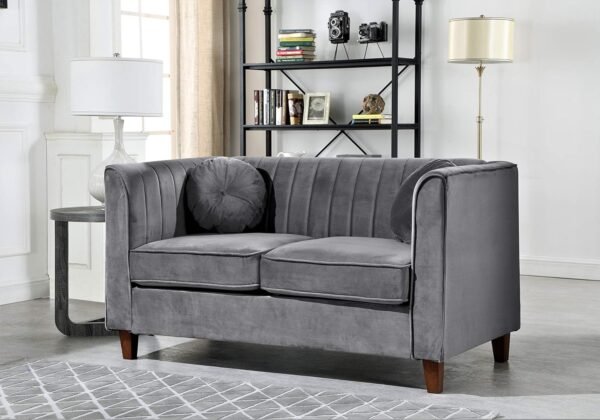Arvilla Velvet Loveseat with Bolster Pillows, Soft Upholstery, Mid Century Modern Design, Chesterfield-Inspired Sofa Couch for Living Rooms, Fossil Grey