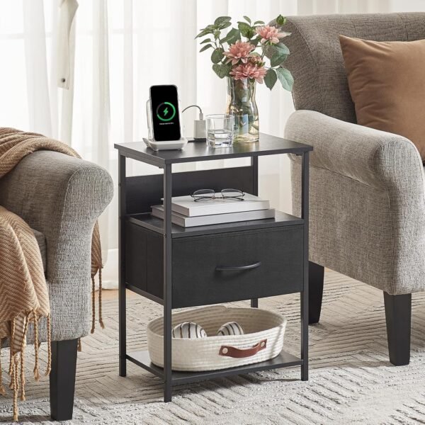 Somdot Black Nightstand with Charging Station and LED Light for Bedroom, Bedside Table End Table for Dorm Living Room Bedside Nursery Laundry Closet Entryway Hallway, Black - Image 2