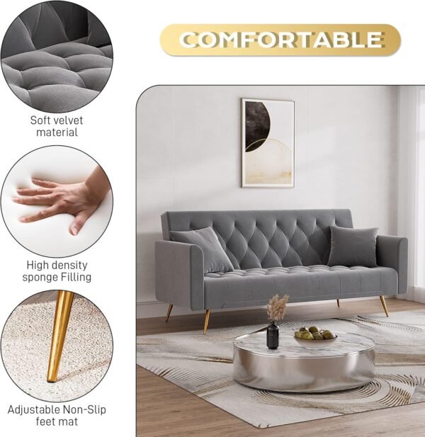 OUYESSIR Velvet Futon Sofa Bed with 2 Pillows, Convertible Futon Small Couch, 71 inch Sleeper Sofa for Bedroom Living Room, Grey - Image 3
