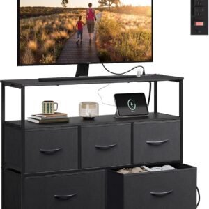 WLIVE TV Stand Dresser for Bedroom with 5 Fabric Drawer, Entertainment Center with Open Shelf and Power Outlet for 45 inch TV, Media Console Table with Storage for Closet, Living Room, Black