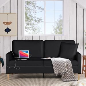 TYBOATLE 66″ Sofa Couch,PU Leather Loveseat w/ 2 USB Charging Ports & Pillow,Modern Love Seats for Living Room,Small Couches for Small Spaces,Office,Bedroom(Black) (Black, 66″ W)