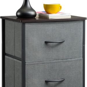 Somdot Nightstand with 2 Drawers, Bedside Table Small Dresser with Removable Fabric Bins for Bedroom Nursery Closet Living Room – Sturdy Steel Frame, Wood Top, Pull Handle – Charcoal Grey