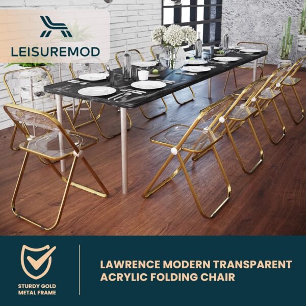 LeisureMod Lawrence Modern Transparent Acrylic Folding Chair with Gold Metal Frame Set of 2 (Amber) - Image 5