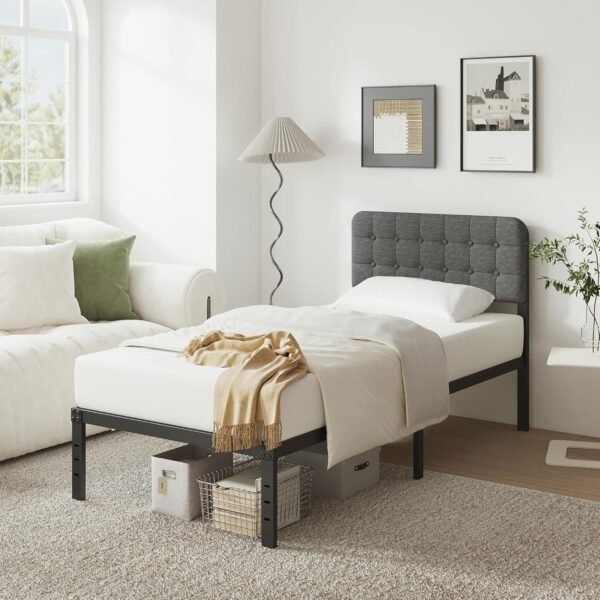 Twin Bed Frames with Upholstery Headboard, 14 Inch Twin Bed Frame No Box Spring Needed Support Up to 2500 lbs, Noise Free, Easy Assembely, Grey