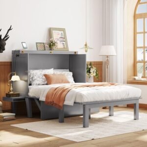 Murphy Bed Full Szie,Cabinet Hideaway Bed with USB Port and Removable Shelves,Wall Bed W/ 2 Movable Desks,can be Folded,Platform Bedframe for Kids Bedroom,Student Dorms,Gray