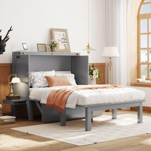 Murphy Bed Full Szie,Cabinet Hideaway Bed with USB Port and Removable Shelves,Wall Bed W/ 2 Movable Desks,can be Folded,Platform Bedframe for Kids Bedroom,Student Dorms,Gray