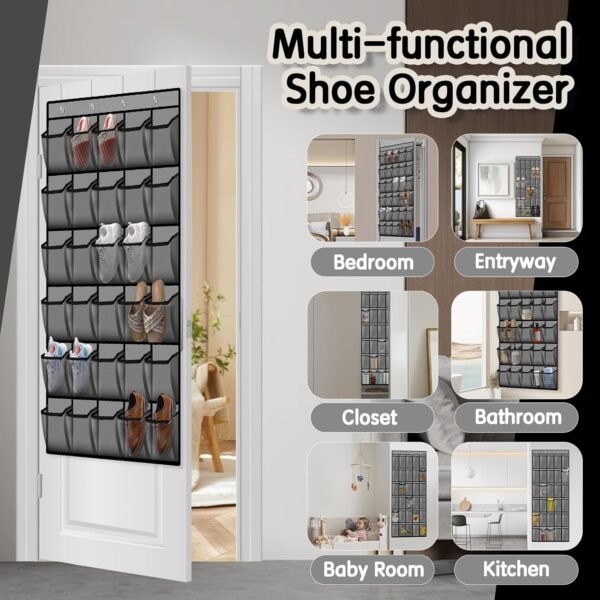 30 Compartment Breathable Mesh Pocket Over the Door Hanging Shoe Organizer, Closet Shoe Organizer, Large Men's and Women's Shoe Organizer, Hanging Over the Door Shoe Organizer (Gray) - Image 5