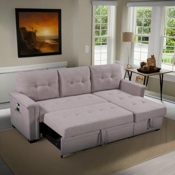 RITSU Linen 84" Reversible Sleeper Sectional Sofa with Storage Chaise and USB Charging Ports，Convertible Sectional Sofa w/Cell Phone Pocket & Magazine Pouch，for Living Room, Apartment - Image 2