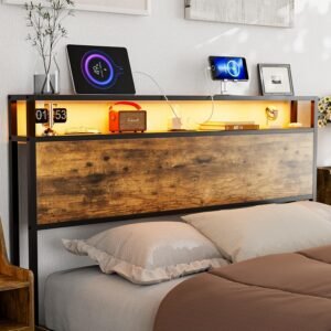 Full Size Storage Headboard with Charging Station – 2 Outlets & 2 USB Ports（1 Type C – LED Lights Storage Shelf Headboard, Industrial Full Headboard Only, Attach Frame – Rustic Brown