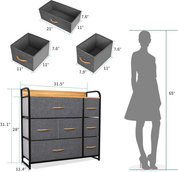 YITAHOME Fabric Dresser with 7 Drawers - Storage Tower Organizer Unit for Bedroom, Living Room, Closets - Sturdy Steel Frame, Wooden Top & Easy Pull Fabric Bins (Grey) - Image 3