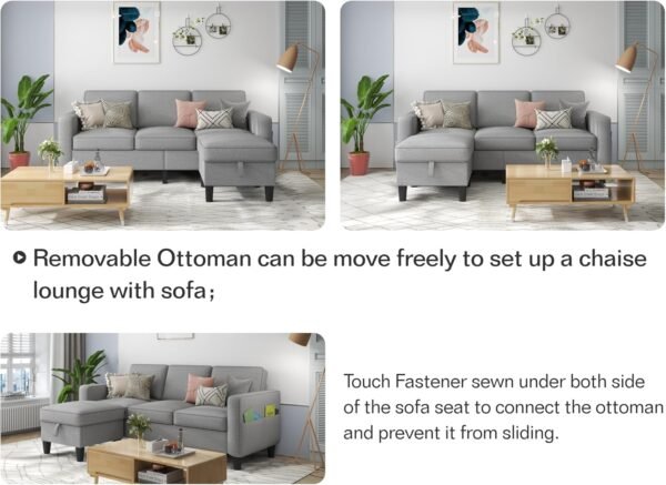Sectional Couches for Living Room: L Shaped Couch with Storage Ottoman - Gray Sofa 3 Seater Furniture Set Modern Linen Fabric Futon Sleeper Sofas for Apartment Studio Small Space - Image 6
