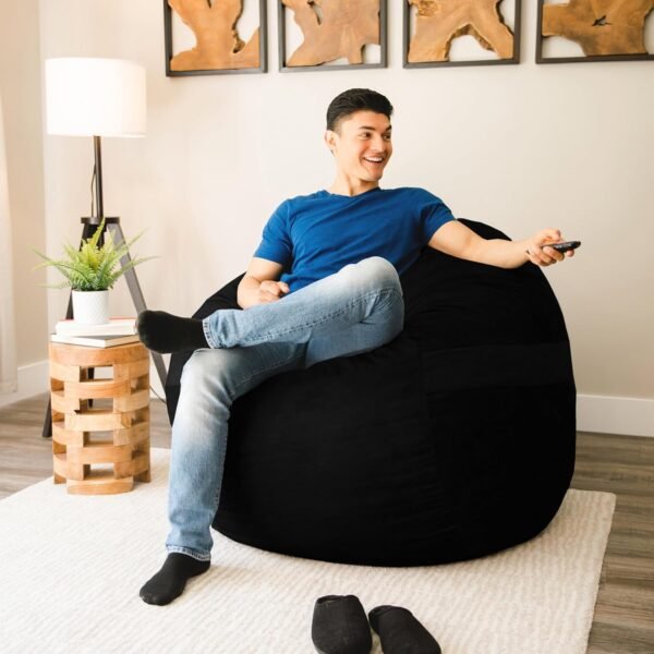 Big Joe Fuf Large Foam Filled Bean Bag Chair with Removable Cover, Black Plush, Soft Polyester, 4 feet Big - Image 4
