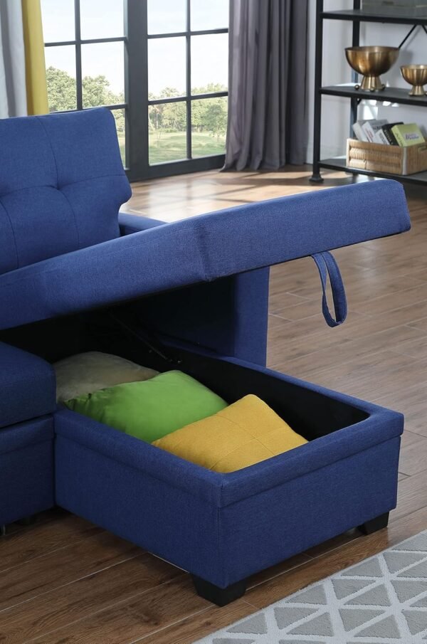 RITSU Button Tufted Sectional L-Shape Pull Up Convertible Sleeper Sofa Bed with Storage Chaise for Living Room, Small Apartment, Dorm, 82 Inch, A3-Blue - Image 3