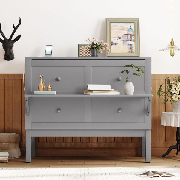 Murphy Bed Full Szie,Cabinet Hideaway Bed with USB Port and Removable Shelves,Wall Bed W/ 2 Movable Desks,can be Folded,Platform Bedframe for Kids Bedroom,Student Dorms,Gray - Image 2