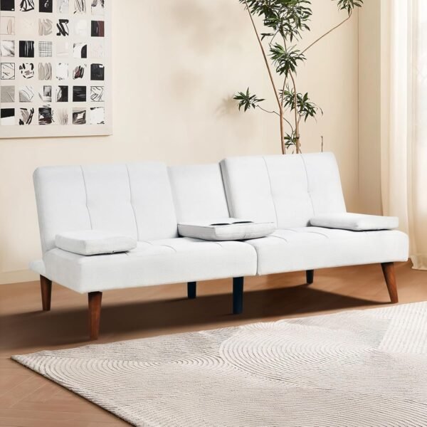 COLAMY Futon Sofa Bed-Fabric Small Futon Couch, Futon Lounge Sofa, Futon Convertible with Cup Holder, Removable Armrest, Adjustable Backrest Beige - Image 9