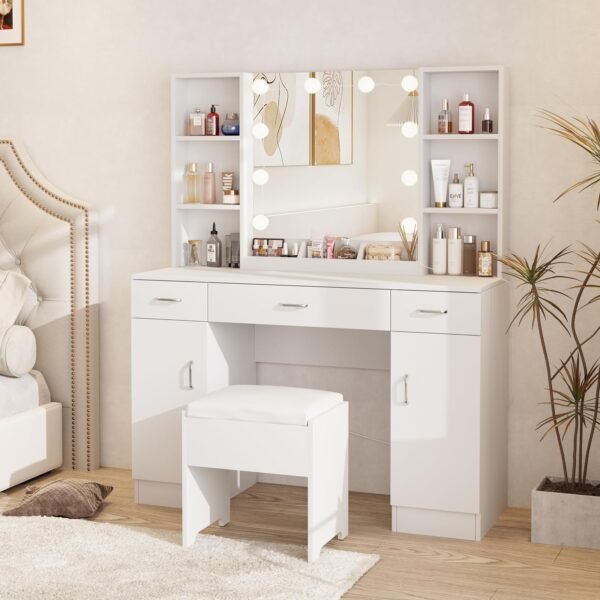 Makeup Vanity Desk with Lights, White Vanity Set Makeup Table with 3 Drawers, 2 Cabinets and Multiple Shelves, Large Vanity 45inch - Image 3