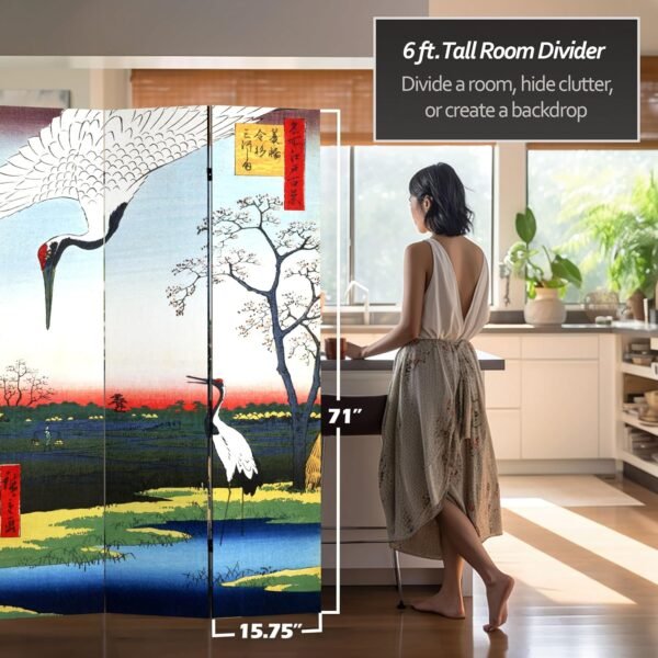 Oriental Furniture 6 ft. Tall Double Sided Hiroshige Room Divider - Cranes/Fox Fire - Image 5