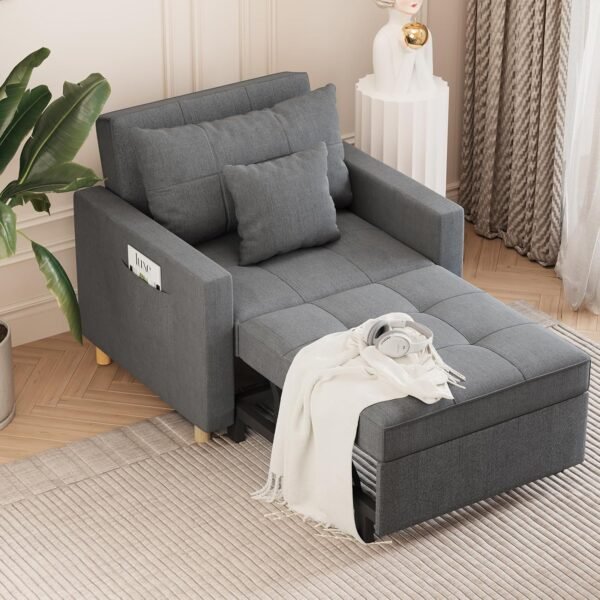 Esright Sleeper Chair Bed, 3-in-1 Convertible Sofa Chair Adjustable Backrest with 2 Throw Pillow, Pull Out Sofa Bed Couch for Living Room, Bedroom, Office Room, Dark Grey