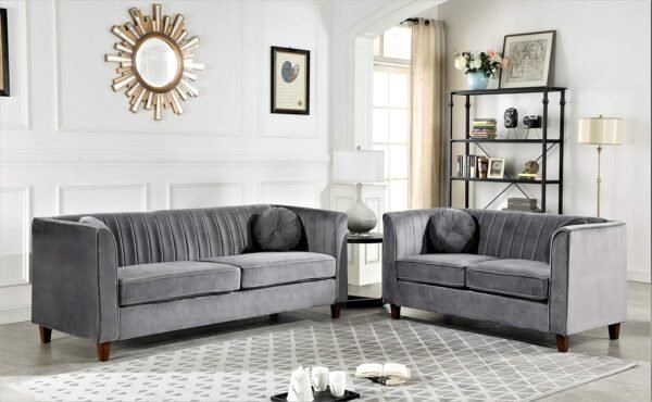 Arvilla Velvet Loveseat with Bolster Pillows, Soft Upholstery, Mid Century Modern Design, Chesterfield-Inspired Sofa Couch for Living Rooms, Fossil Grey - Image 2