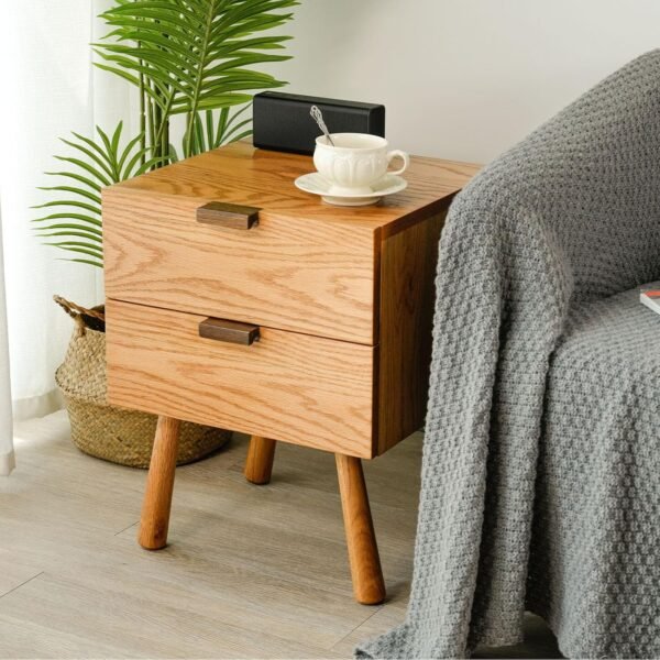 Night Stand, Mid Century Modern Nightstand w/2 Drawers, Cute Small Nightstand, Boho Nightstand, Solid Wood Bedroom Nightstand, Oak Bedside Table, 16.54 W x 15.75 D x 21.65 H Inches(Walnut) - Image 2