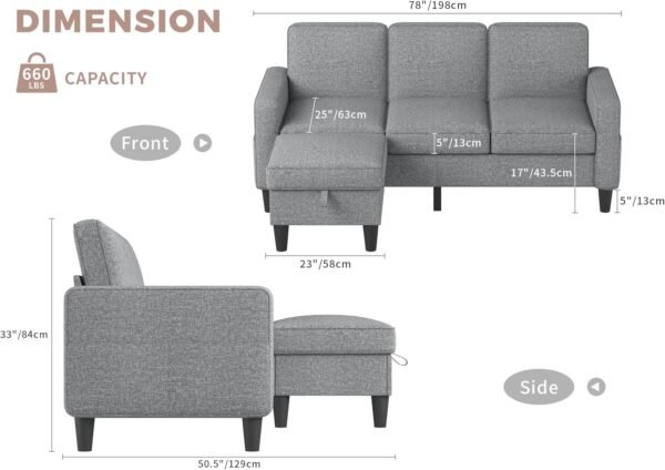 Sectional Couches for Living Room: L Shaped Couch with Storage Ottoman - Gray Sofa 3 Seater Furniture Set Modern Linen Fabric Futon Sleeper Sofas for Apartment Studio Small Space - Image 2