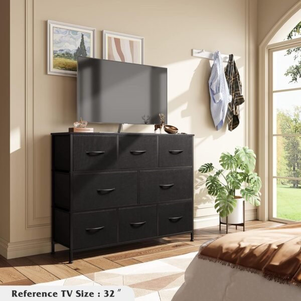 WLIVE Fabric Dresser for Bedroom, Storage Drawer Unit, Dresser TV Stand for 32 40 43 inch TV, Wide Dresser with 8 Large Deep Drawers for Office, College Dorm, Charcoal Black - Image 2