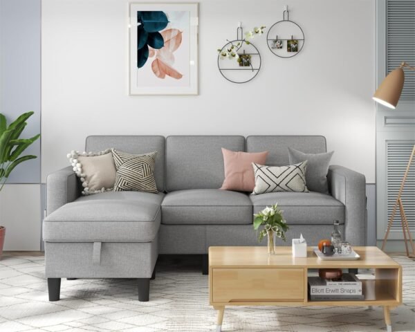 Sectional Couches for Living Room: L Shaped Couch with Storage Ottoman - Gray Sofa 3 Seater Furniture Set Modern Linen Fabric Futon Sleeper Sofas for Apartment Studio Small Space - Image 3