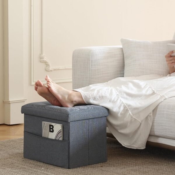 Ottoman Storage Ottoman Collapsible Ottoman with Storage Foot Rest Small Ottoman with Side Pocket Foot Stools for Living Room Grey L17W13H13inches - Image 2