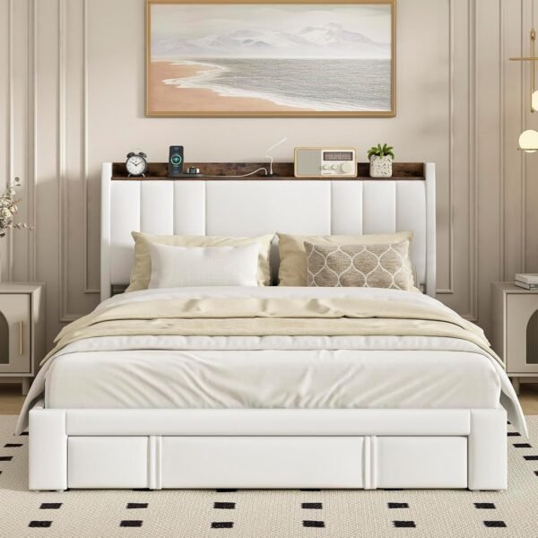 Bed Frame with USB Ports, Upholstered Platform Bed with Drawers, Noise-Free, No Box Spring Needed, Easy Assembly (White,Full, Type A) - Image 6