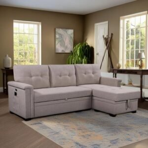RITSU Linen 84″ Reversible Sleeper Sectional Sofa with Storage Chaise and USB Charging Ports，Convertible Sectional Sofa w/Cell Phone Pocket & Magazine Pouch，for Living Room, Apartment