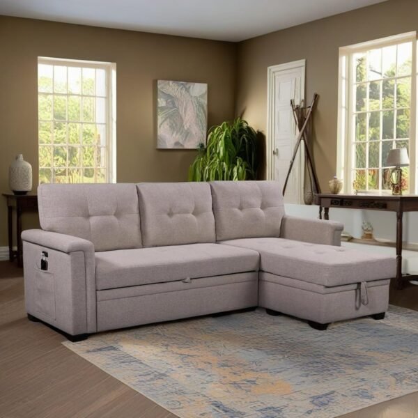 RITSU Linen 84" Reversible Sleeper Sectional Sofa with Storage Chaise and USB Charging Ports，Convertible Sectional Sofa w/Cell Phone Pocket & Magazine Pouch，for Living Room, Apartment