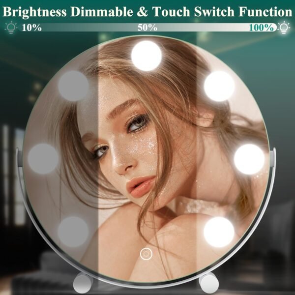 Vierose Vanity Mirror with Lights, Hollywood Mirror with Lights & 7 LED Dimmable Bulbs, 12-inch Makeup Mirror with Smart Touch Control & 3 Color Lighting, 360° Rotation for Bedroom (White) - Image 3
