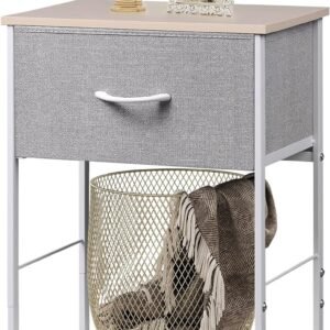 WLIVE Nightstand, End Table with Fabric Storage Drawer and Open Wood Shelf, Bedside Furniture with Steel Frame, Side Table for Bedroom, Dorm, Easy Assembly, Light Grey, 24.9″ Height