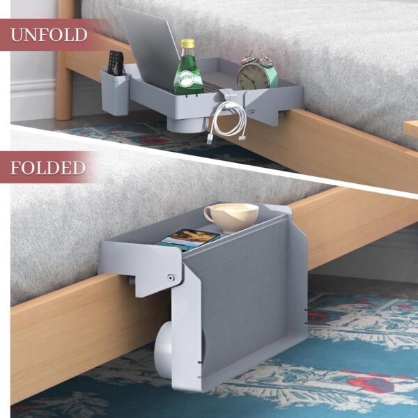 SOLEJAZZ Bedside Shelf for Bed, Folding Bunk Bed Shelf for Top Bunk Clip On Nightstand College Dorm Room Essential Table Caddy Bedside Night Stand Shelf with Hooks, Cup & Cord Holder, Plus Size, Grey - Image 4