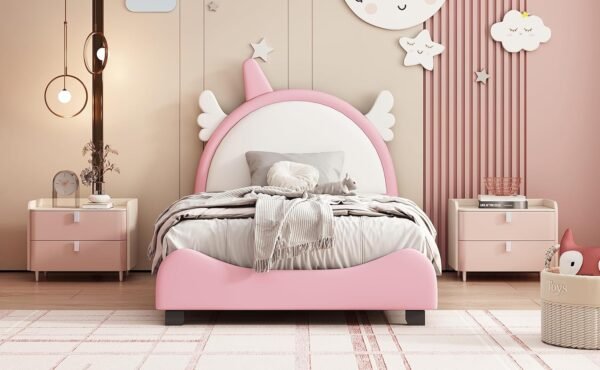 Cute Twin Size Upholstered Bed with Unicorn Shape Headboard,Twin Size Platform Bed with Headboard and Footboard,(Pink 03, Twin) - Image 9