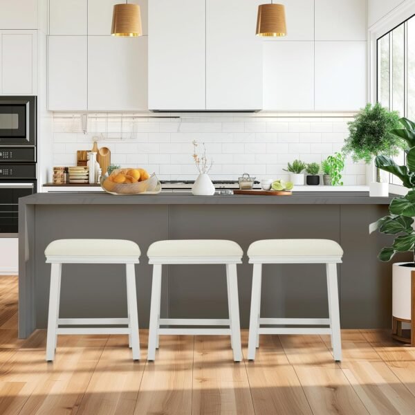 MAISON ARTS White Counter Height 24 inch Bar Stools Set of 3 for Kitchen Counter Solid Wood Legs with Faux Leather Padded Seat Farmhouse Barstools for 34"-38" Counter Island Upholstered Stools - Image 5