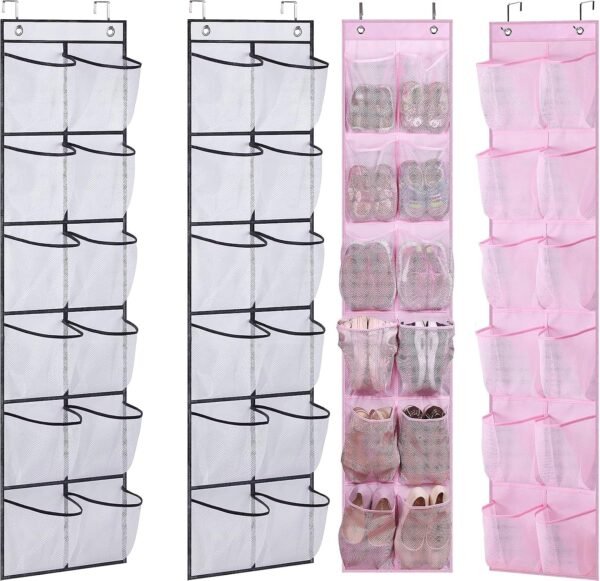 MISSLO Over The Door Shoe Organizer 12 Large Mesh Pockets, White + Pink