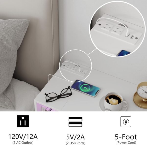 White Floating Nightstand with Charging Station and LED Lights,White - Image 5