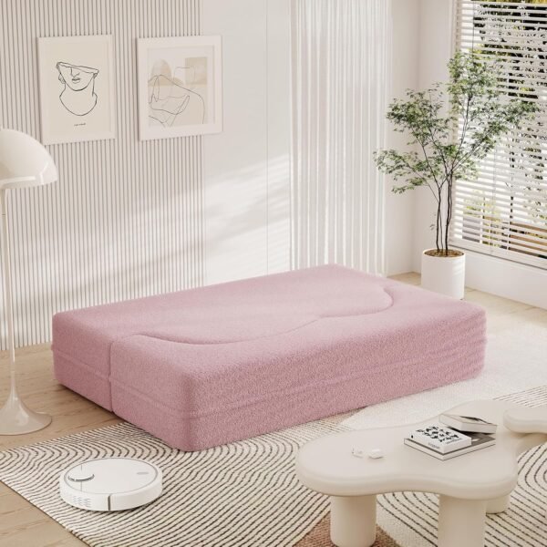 Folding Sofa Bed,15" Full Size Folding Mattress for Living Room,Convertible Teddy Fabric Foam-Filled Pocket Spring Sleeper Sofa Bed (Pink) - Image 5