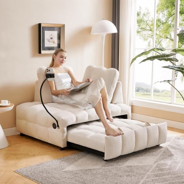 48" Pull Out Sofa Bed, Modern Convertible Sofa Bed Couch with Removale Back, Velvet Cloud Sofa with USB Port and Swivel Phone Stand, Suitable for Living Room, Apartment, Small Place - Beige