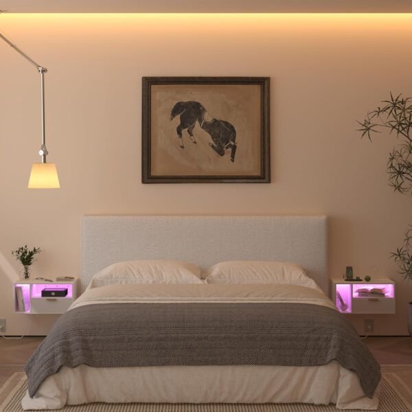 White Floating Nightstand with Charging Station and LED Lights,White - Image 4