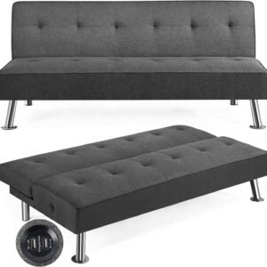 Yaheetech Modern Convertible Futon Sofa Bed w/ 2 Integrated USB Charging Ports Fabric Loveseat Couch Metal Legs, 3 Angles Adjustable Back for Compact Living Space, Apartment, Dorm, Bonus Room Gray