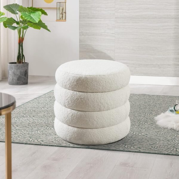 Round Boucle Ottoman with Storage for Dorm, Upholstered Storage Ottoman with Soft Padded Seat, Large Circle Ottoman with Removable Lid, Dorm Decor for College, Living Room, Bedroom, Off White - Image 8