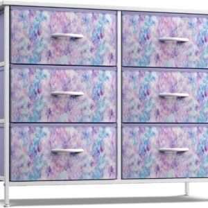 Sorbus Kids Dresser with 6 Drawers – Storage Chest Organizer Unit with Steel Frame, Wood Top & Handles, Tie-dye Fabric Bins for Clothes – Wide Furniture for Bedroom Hallway Kids Room Nursery & Closet