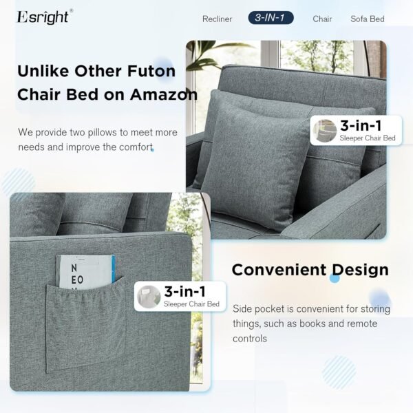 Esright Sleeper Chair Bed, 3-in-1 Convertible Sofa Chair Adjustable Backrest with 2 Throw Pillow, Pull Out Sofa Bed Couch for Living Room, Bedroom, Office Room, Dark Grey - Image 3