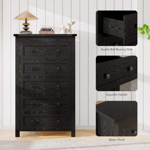 Black Dresser for Bedroom, Vertical 5 Drawer Dresser, Tall Wood Dresser Storage Organizer, Modern Narrow Slim Nightstand Bedside Table of Drawers for Hallway, Living Room, Dorm, Entryway - Image 5